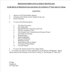 Agenda for HIGH HAM PARISH ANNUAL PUBLIC MEETING and ANNUAL MEETING OF PARISH COUNCIL 17th May, 7pm