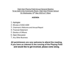 PLAYING FIELD AGM 10th May, 7.30
